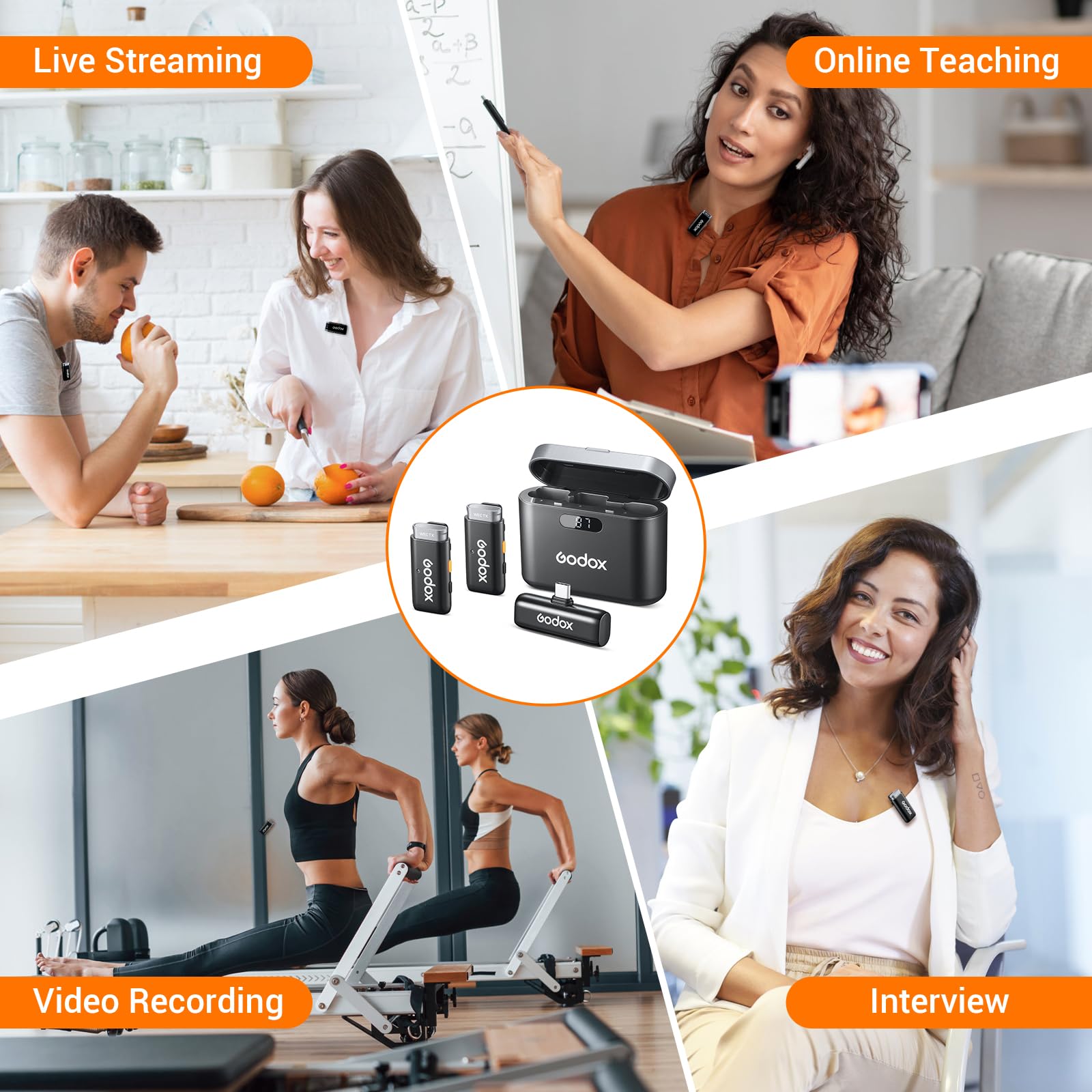 Godox WES 2 KIT2 Lavalier Mikrofon Wireless Kompatibel mit Type-C/Android | Rauschunterdrückung,1 Empfänger 2 Sender Mikrofone, Geeignet für Smartphones, Tablets für Vlogging, Livestreaming