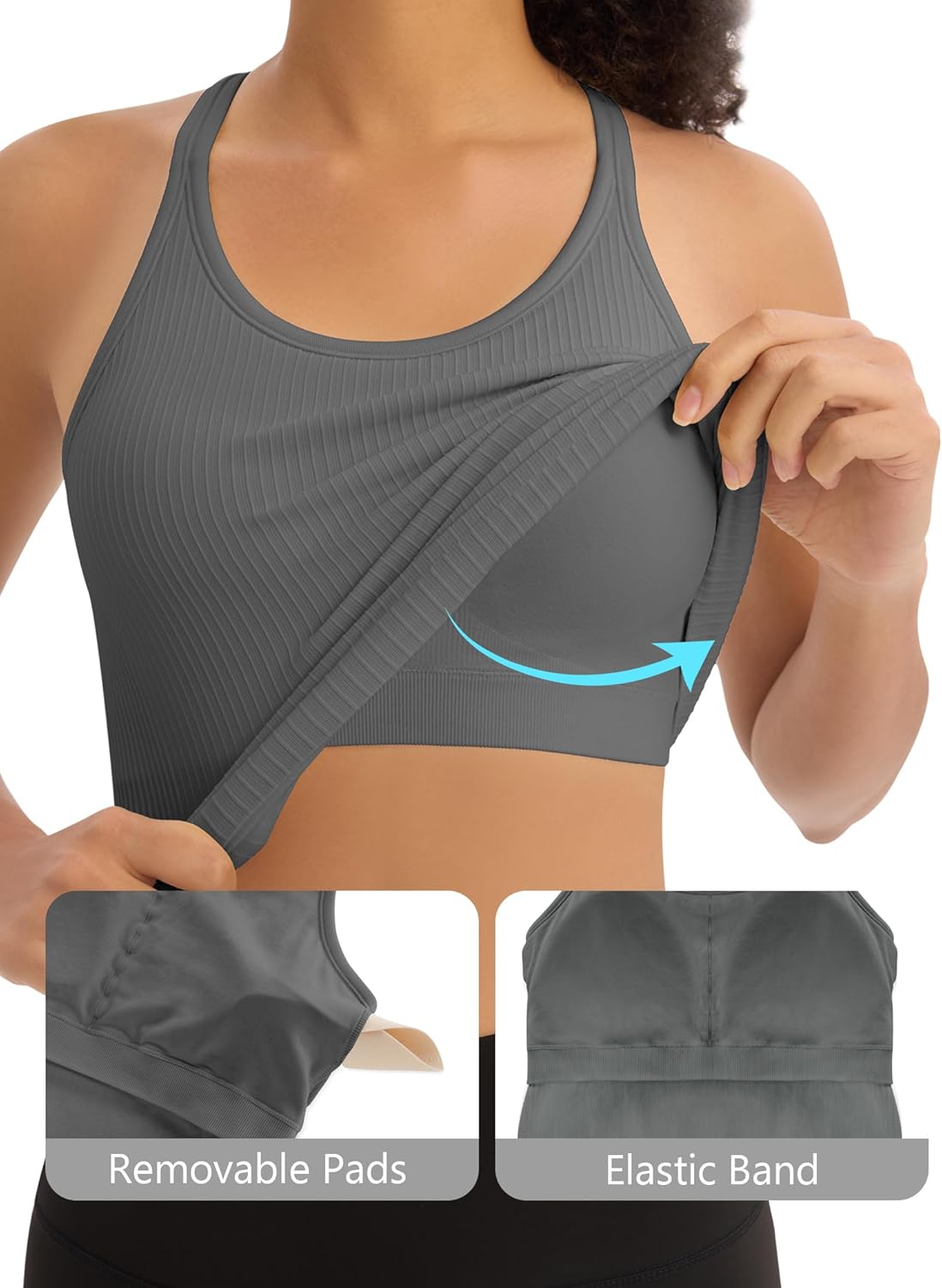 3 Pack Ribbed Workout Crop Tank Tops with Built in Bra for Women Seamless Racerback Cropped Athletic Gym Yoga Tops