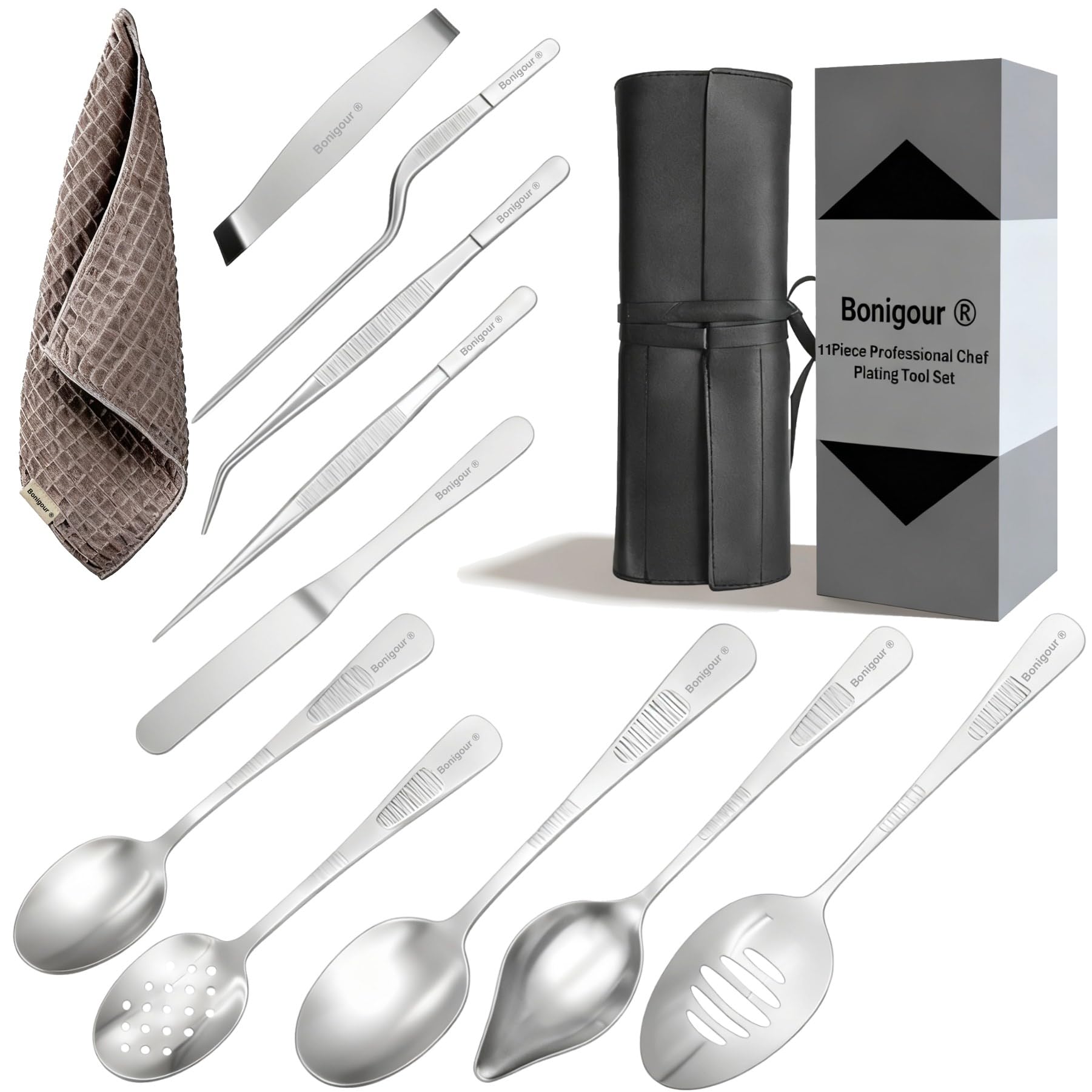 Set da cucina con 11 utensili professionali per placcatura, utensili da cucina per placcatura, modernista, in acciaio inox, nero (argento)