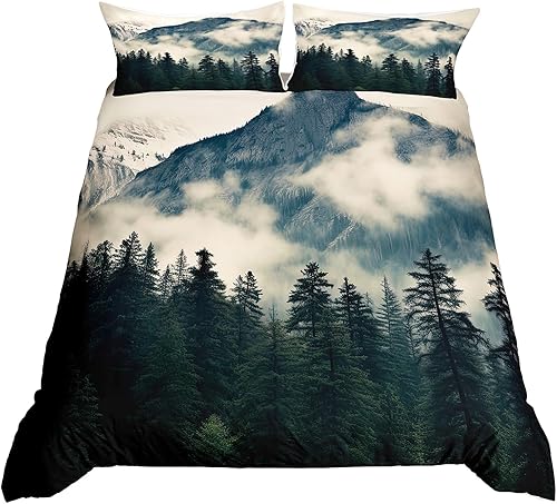 Erosebridal National Park - Juego de ropa de cama con diseño de montaña ahumada, funda de edredón de árboles brumosos para niños, niñas y adultos,
