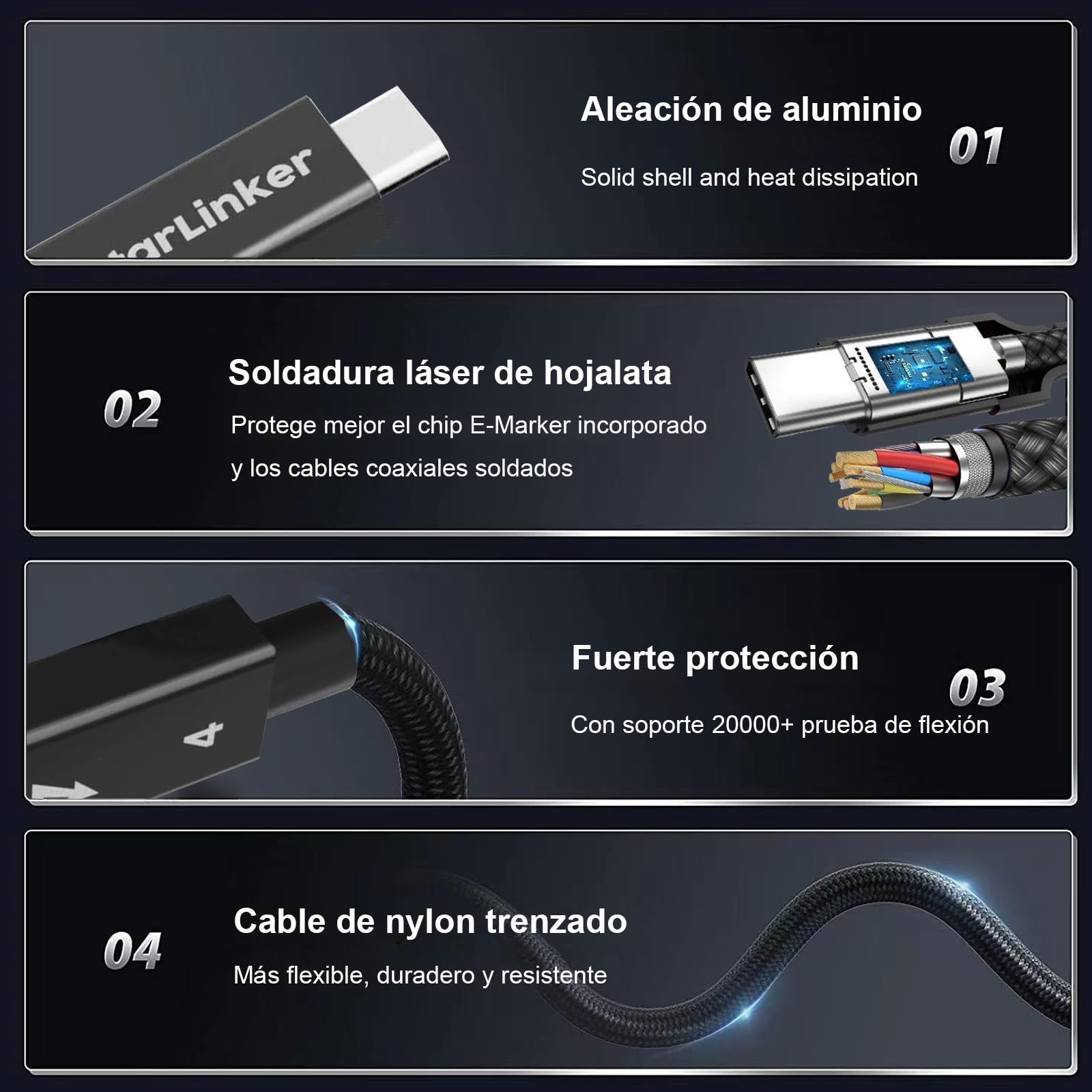 Cable Thunderbolt 4 de 240W 3m, Trenzado, Carga PD, Transferencia de datos de 40Gbps y 8K@60Hz 4K@144Hz, USB C para Thunderbolt 3, USB4, MacBook Pro, iPad Pro, Docking, eGPU, Monitor, SSD