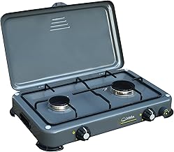 Camping Gas Stove 2 Burners with Piezo Ignition and Removable Cast Iron Burners LPG/CNG Gas