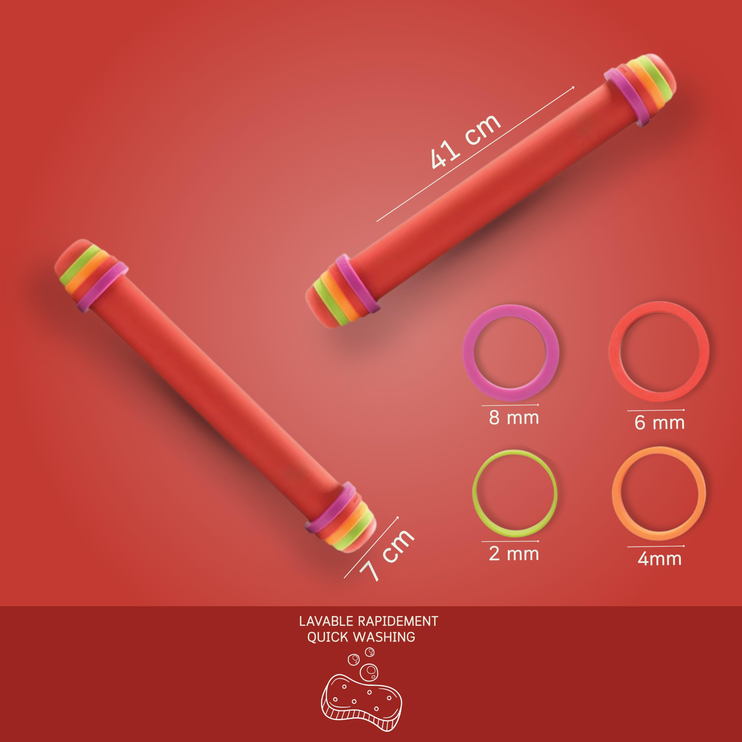 Mastrad – Rouleau à Pâtisserie Ajustable en Silicone Rouge – 4 Anneaux Réglables (2, 4, 6, 8 mm) – Revêtement 100 % Silicone – Corps Inox – Antidérapant & Facile à Nettoyer – Accessoire de Pâtisserie