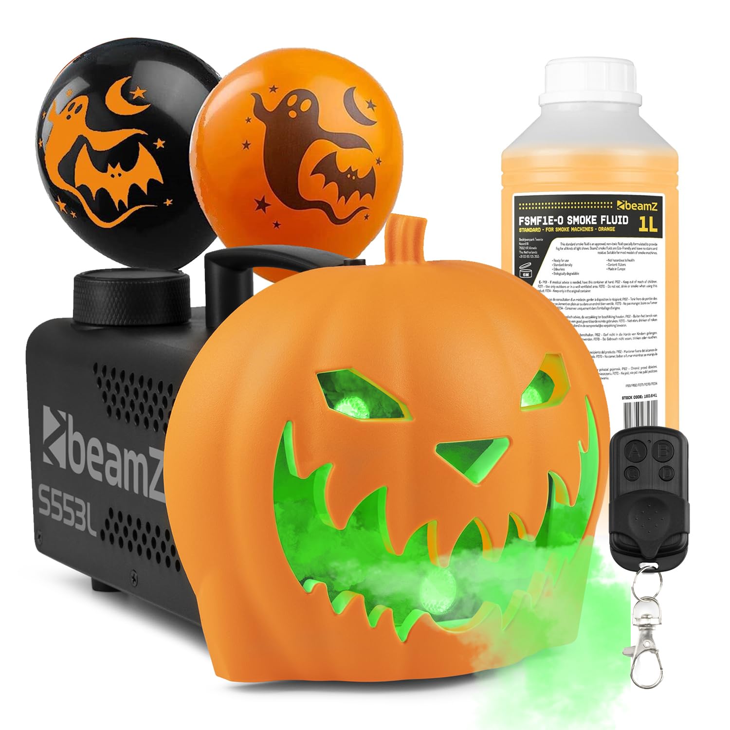 Beamz Rgb S553l Halloween Smoke Machine With 1L Orange Fluid & Balloon - 550W Fogging Pumpkin With Leds, Remote Control - Pumpkin Fog Machine, Ideal Halloween Decorations & Spooky Effects