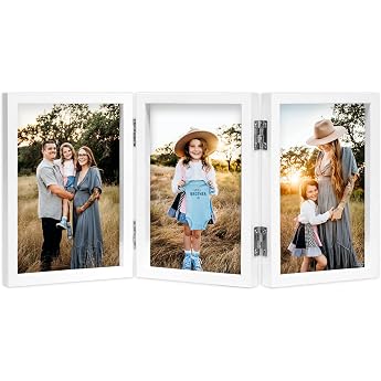 Aveax Wooden Photo Frame, 13 x 18 cm, Triple Collage, White | Real glass front, solid MDF wooden frame, folding base, vertica