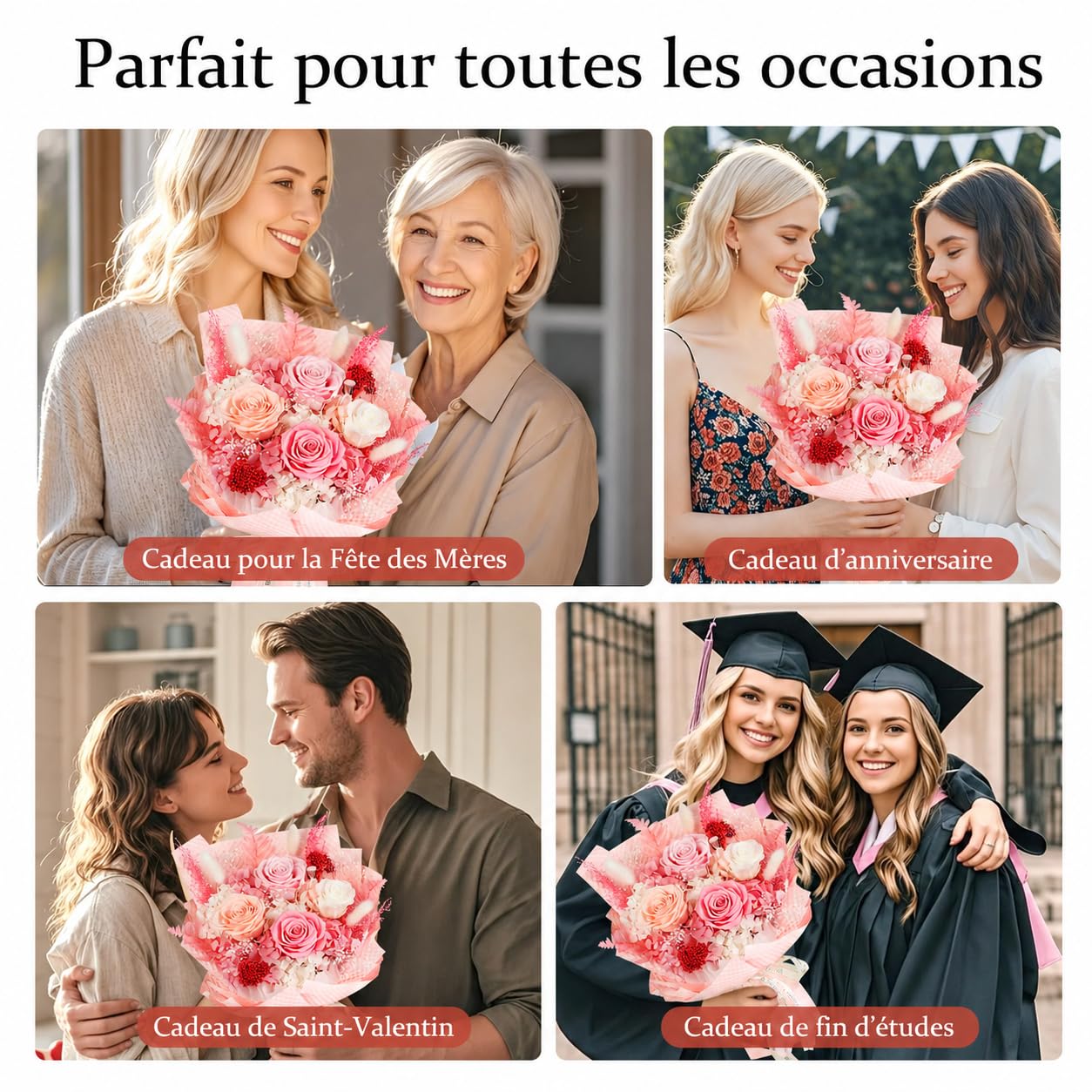 Bouquet de Rose Eternelle Rose avec Vase, Fleur Eternelle Cadeau, Boite Rose Eternelle, Cadeau pour Femme, Maman, Copine, Amie, pour Saint-Valentin, Anniversaire, Fete des Meres