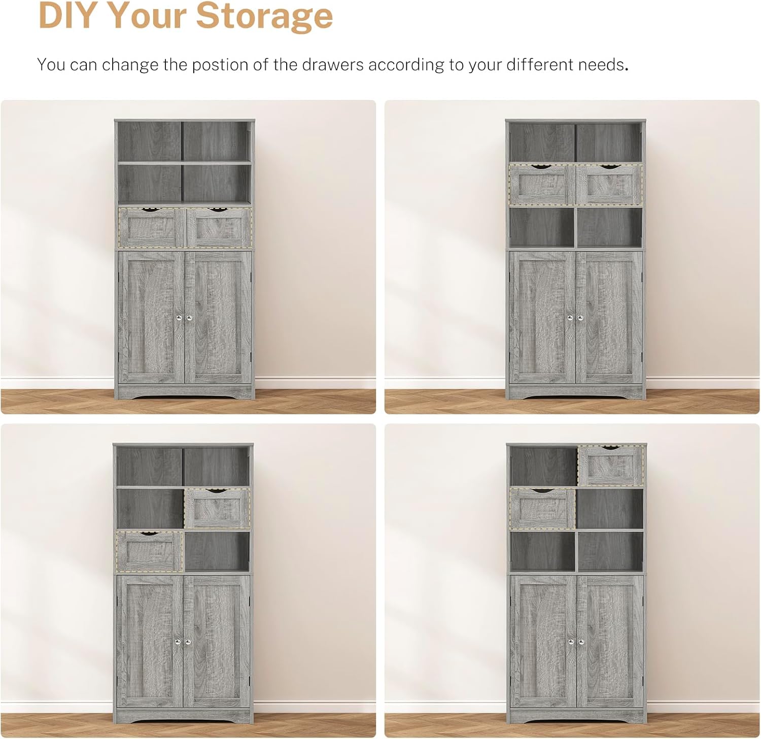 Four configurations showing how drawers can be repositioned for DIY storage