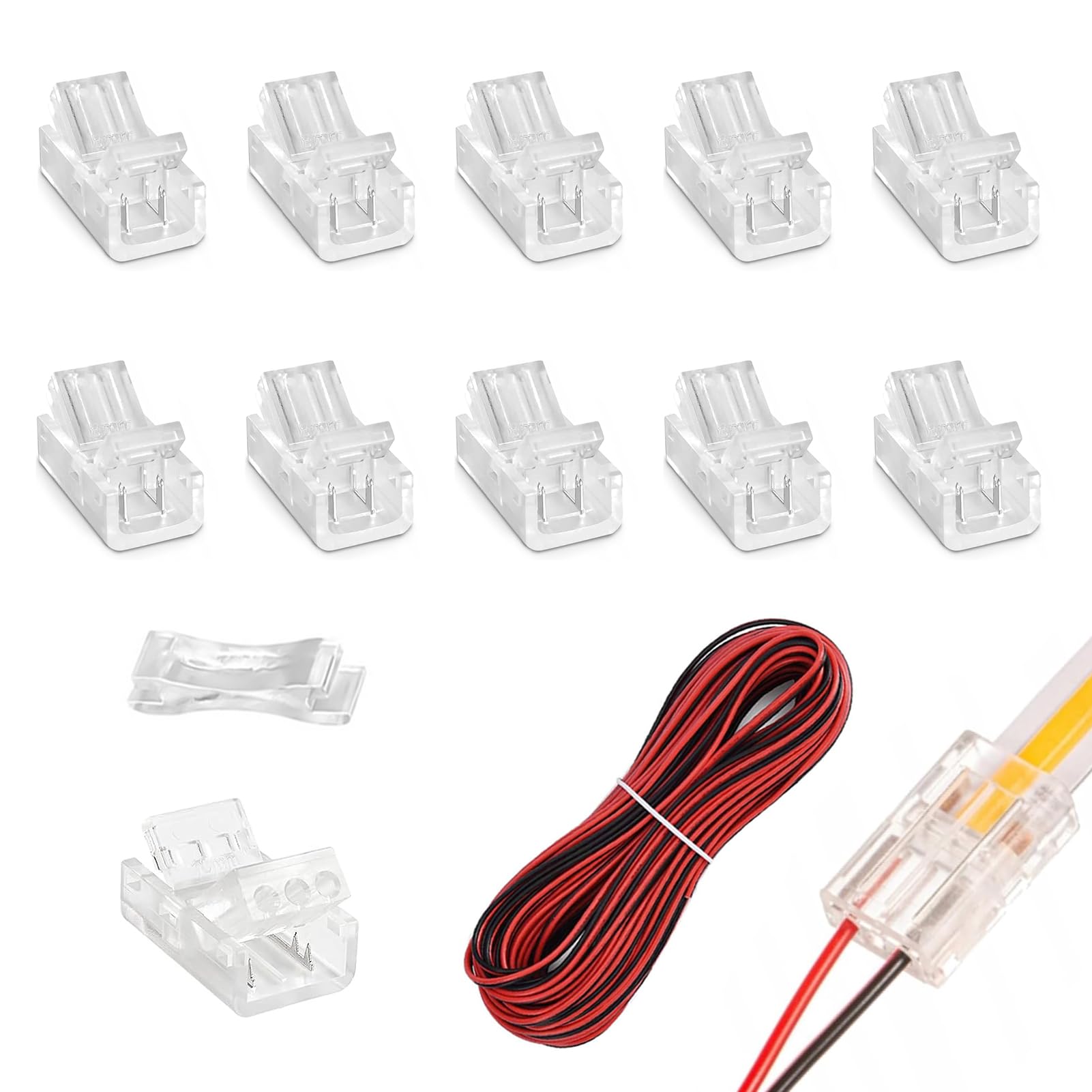 10 PCS 2 Pin 8mm COB LED Strip Connectors, LED Light Strip Connectors with 16.4ft Extension Cable 22 AWG