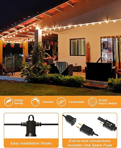 Miniatura 4 de Tira de luces para exteriores, luces de patio de 25 pies con 13 bombillas G40 inastillables (1 repuesto), impermeable, conectable, regulable, luces