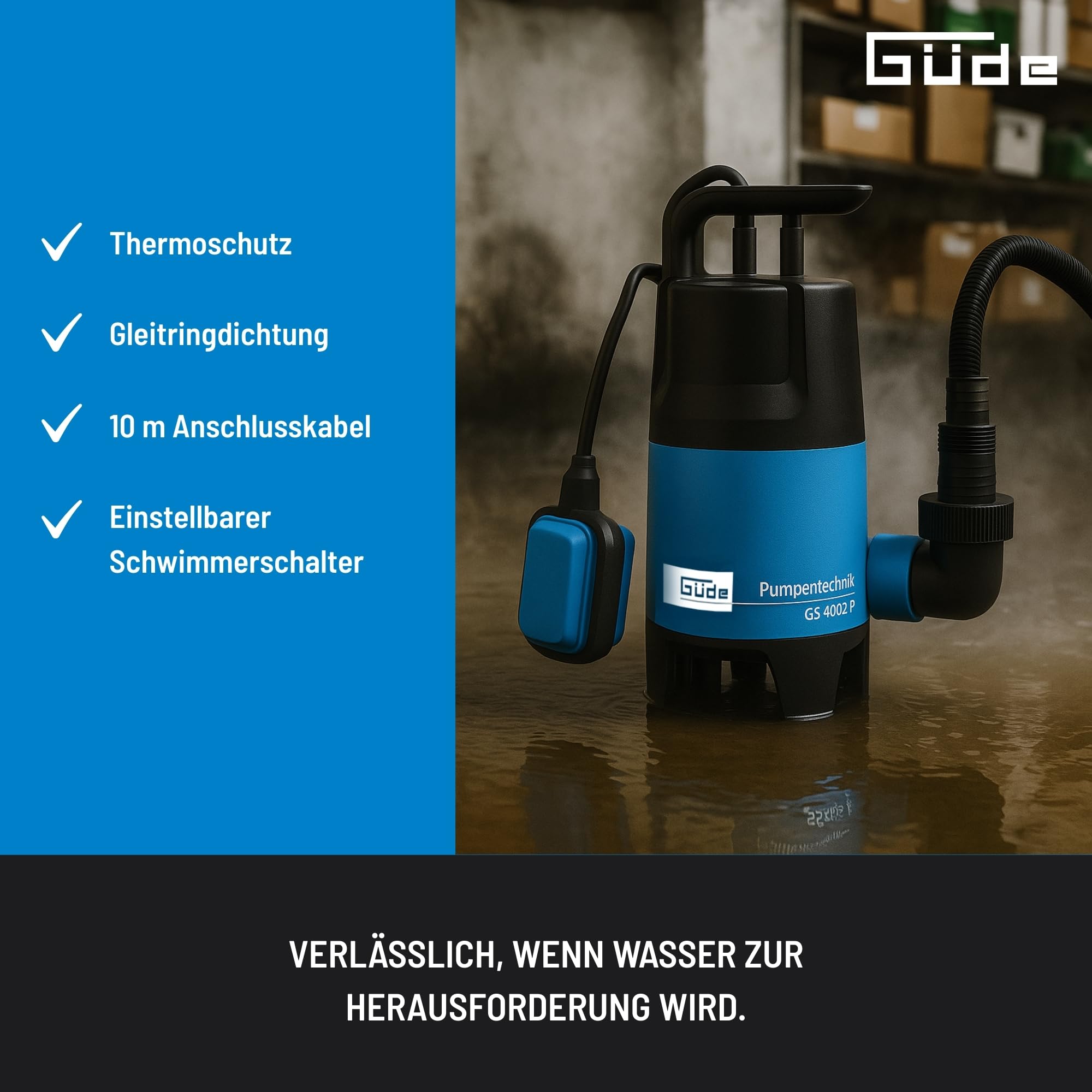 Güde 94630 - GS4002P - Pompa sommergibile per acque luride - Con galleggiante - 400 W - 7500 l/h Altezza massima di erogazione 5 m [Classe energetica A], Blu/Nero