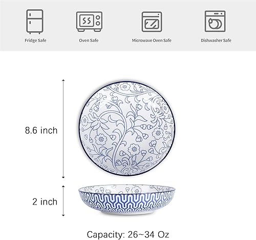 Miniatura 2 de Selamica Juego de 6 cuencos de cerámica para pasta de 34 onzas, cuencos grandes de ensalada de 8.6 pulgadas para cocina, cuencos anchos y poco