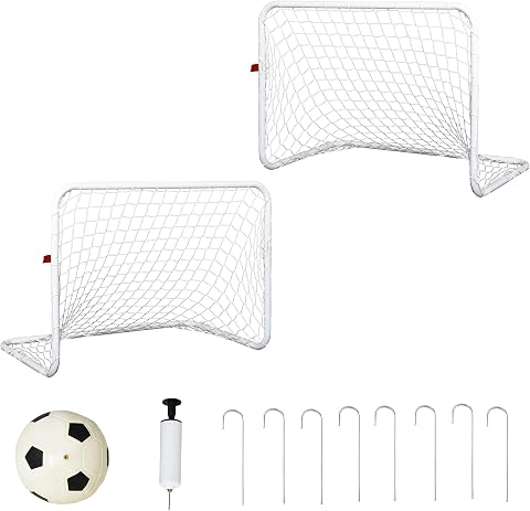 HOMCOM Set de 2 Porterías de Fútbol para Niños y Adultos 78x46x56 cm Blanco | Con Red y Balón, Juguete Deportivo, para Exterior Jardín, con Inflador, de Acero y Poliéster