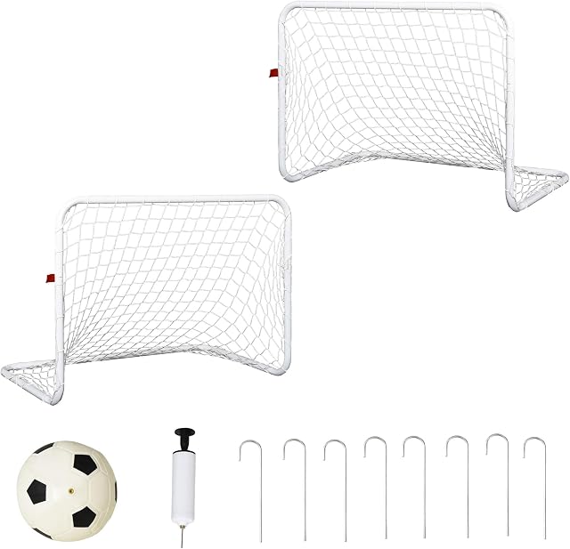 HOMCOM Set de 2 Porterías de Fútbol para Niños y Adultos 78x46x56 cm Blanco | Con Red y Balón, Juguete Deportivo, para Exterior Jardín, con Inflador, de Acero y Poliéster
