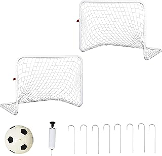 HOMCOM Set de 2 Porterías de Fútbol con Red y Balón para Niños y Adultos, Juguete Deportivo para Exterior Jardín con Inflador, de Acero y Poliéster, 78x46x56 cm, Blanco
