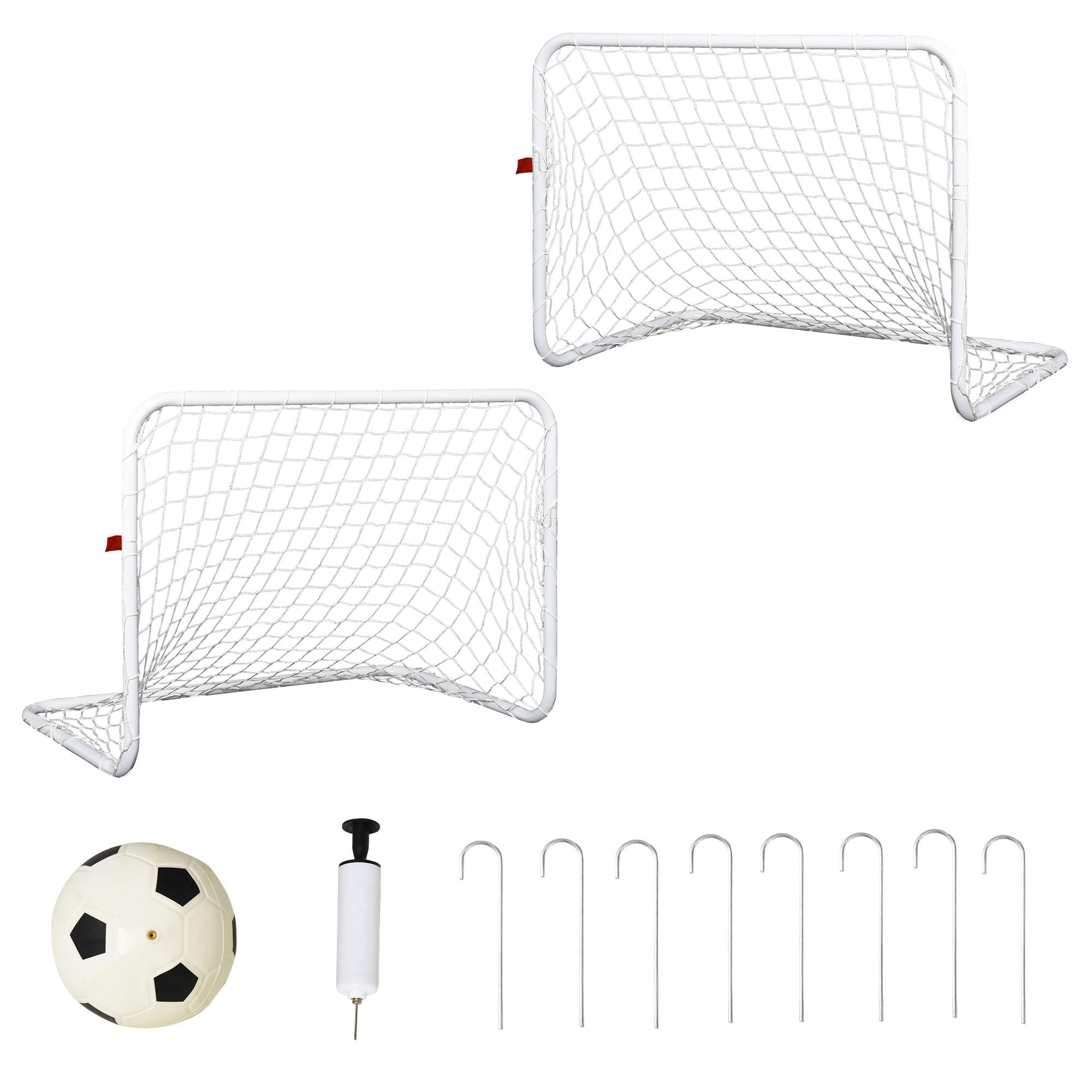 HOMCOM Set de 2 Porterías de Fútbol con Red y Balón, Acero y Poliéster, 78x46x56 cm, Blanco