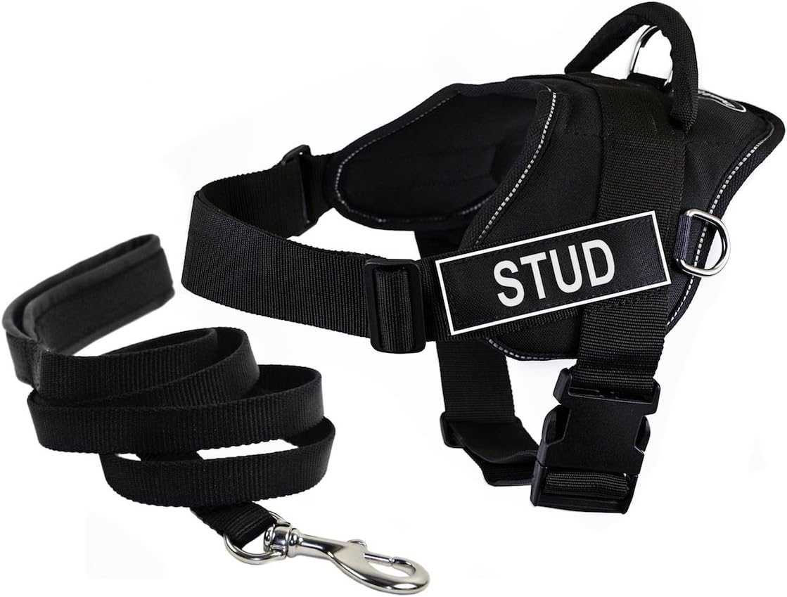 Dean & Tyler Bundle Small Black DT Fun STUD Reflective Harness with "Padded Puppy" Leash and 6-Feet Stainless Steel Snap