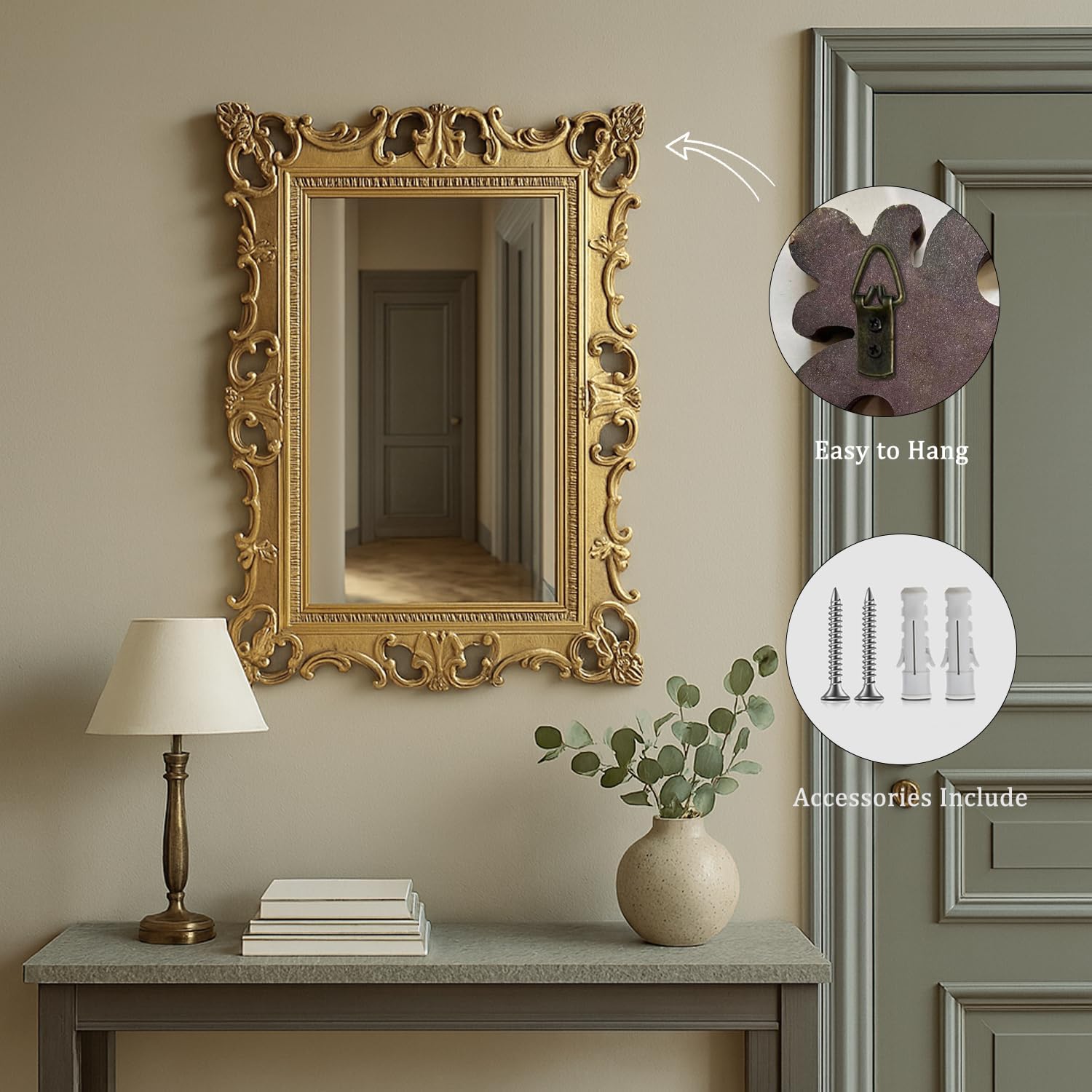 Vintage Baroque Gold Wall Mirror, Ornate 3D Embossed Carved Frame Decorative Mirror, Distressed Antique Gold Finish for Wall Decor in Living Room, Bedroom, Hallway, Bathroom, Vanity