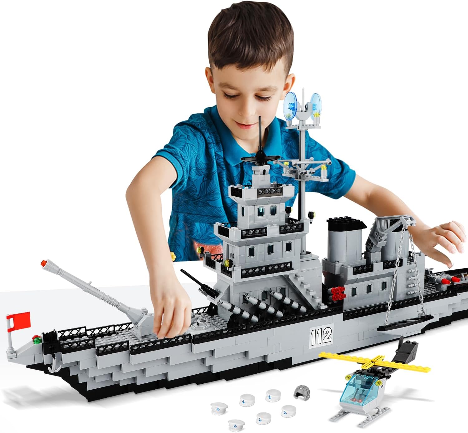 WW2 Military Battleship Building Block Set, Large-SizedCruiser Toy, Military Battle Ship Toy with Helicopter and City Lifeboat, A Gift Compatible with Lego Sets for Boys 8-14 & Adults (910pcs)