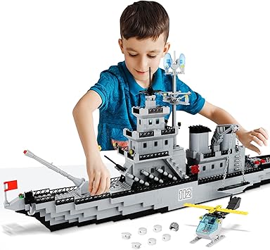 WW2 Military Battleship Building Block Set, Large-SizedCruiser Toy, Military Battle Ship Toy with Helicopter and City Lifeboat, A Gift Compatible with Lego Sets for Boys 8-14 & Adults 910pcs