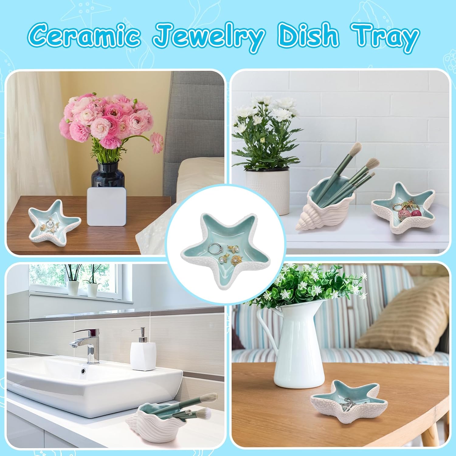 Jewelry Dish Tray For Coastal Beach Room Decor,Cute Ceramic Ring Holder Gift For Women Sister Mom Friend ,Decorative Trinket Jewelry Organizer Tray For Rings Earrings Necklaces ets (Blue starfish) - Image 6
