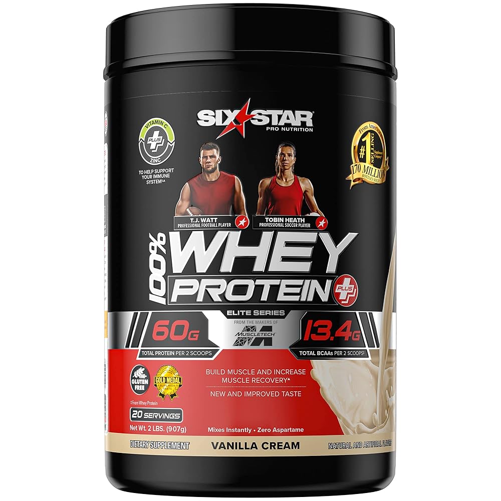 Whey Protein Powder + Immune Support | Six Star Whey Protein Plus | Whey Protein Isolate & Peptides + Muscle Builder | Lean Protein Powder for Muscle Gain & Recovery | Vanilla, 2 lbs
