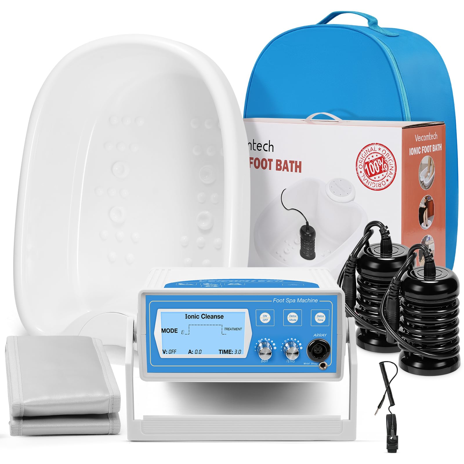 Upgrade Ionic Foot Bath Detox Machine, 3 in 1 Detox Foot SPA System with Wrist Strap, Far Infrared Waistbelt, Array and 2 Pads (Blue + Tub)