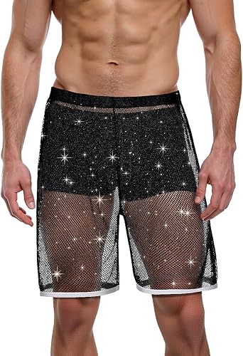 JINSHI Mens Sparkling Sleeveless Sheer Mesh Top, Fishnet Shirt, Sexy Transparent Tee, Ideal for Muscle Display