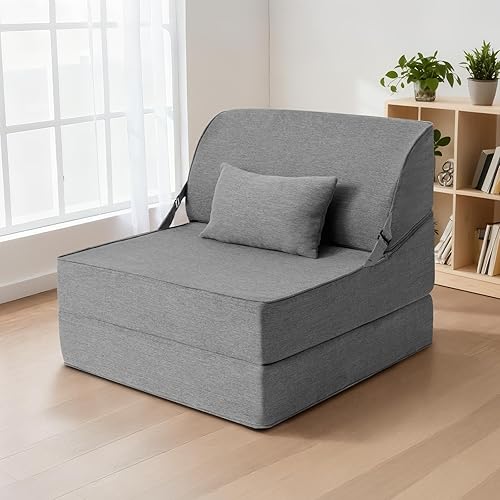 BeBen Folding Sofa Bed, Convertible Sleeper Futon Chair, Single Boneless Sofa Chair with Back Support, Foam Comfy Chaise Lounge Couch for Small Spaces/Dorm/Guest/Living Room/Apartment Grey