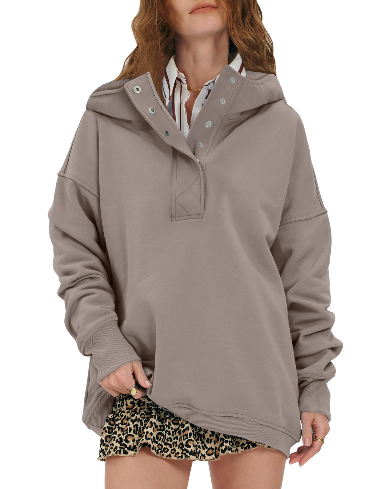 Womens Oversized Sweatshirt Hoodies Button Henley Neck Pullover Tops Fashion Outfits Clothes-image-42