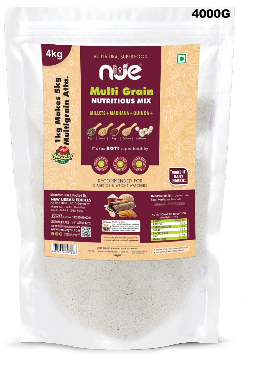 Nue Organic Multigrain Flour 4 Kg (Pack of 1) Multimillets Atta