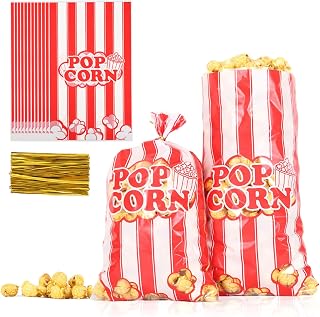 Plastic Popcorn Bags 100Pcs Popcorn Individual Snack Bags with 100Pcs Twist Tie for Party Snack Containers for Movie Night Supplies - Red White Stripe