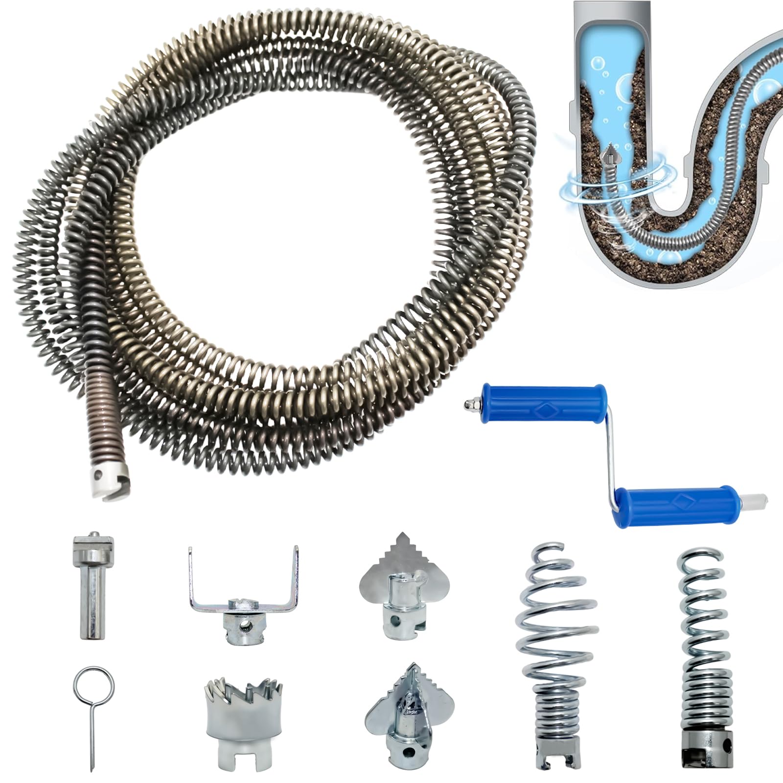 Deboucheur Canalisation Professionnel 5m x12mm, Deboucheur Evier avec Manivelle, 8 Pièces Dragage Nettoyeur Adaptateurs éLectriques, Pratique et Efficace Deboucheur pour WC Evier Canalisation