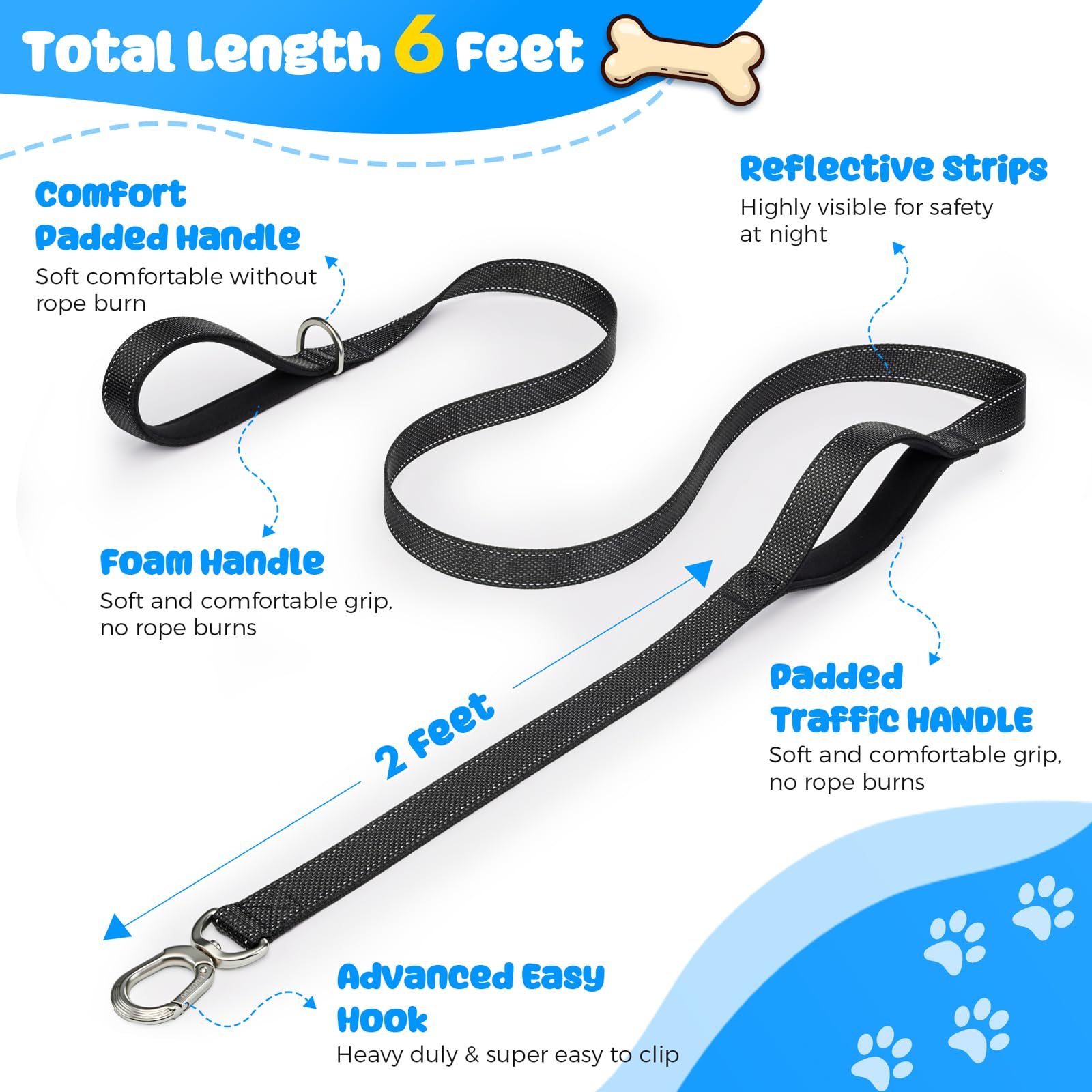 Heavy Duty Dog Leash with Easy Lock Metal Clip, Reflective, Padded Handle - Durable 4ft 8ft Walking Training Leash for Large, Medium, Small Dogs, Jogging, Hiking, and Outdoor Use (Black, 6 FT) - 3