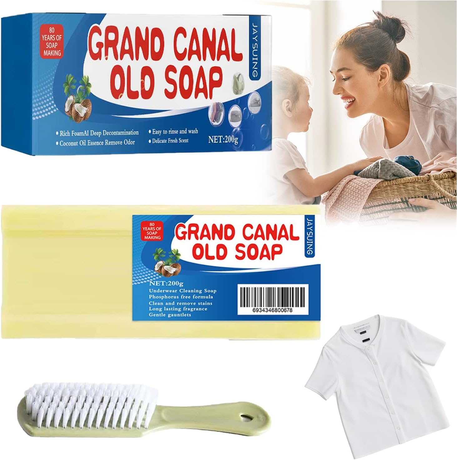 Grand Canal Soap, Natural Bar Soap,Removing Oil Odors and Stains,Long-Lasting Fragrance,Laundry Soap Bars Free of Hurting Hands for Cloth Underwear Baby Cloth Cleaning,Hand/Machine Wash(+1Brush)
