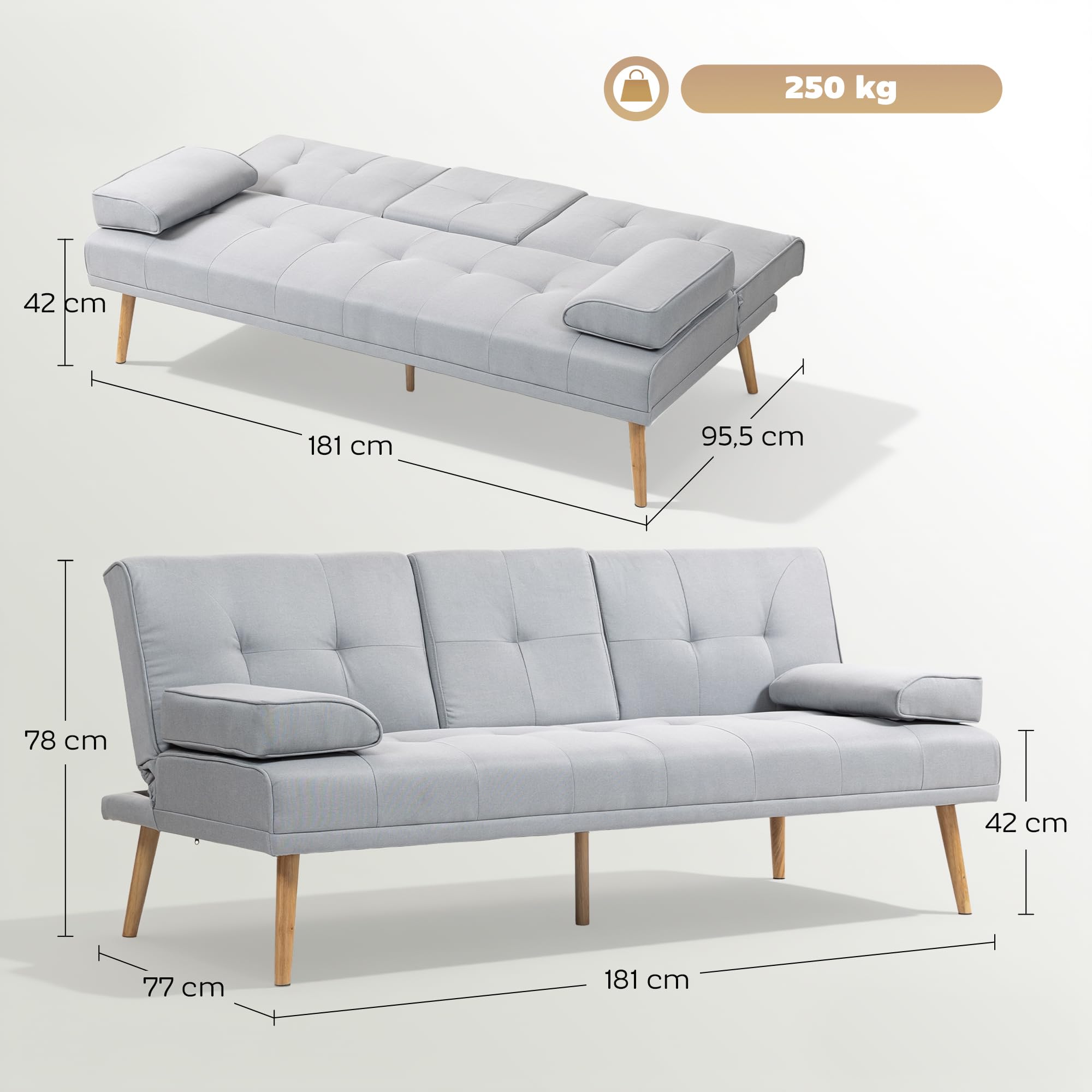 HOMCOM Sofá Cama 3 Plazas, Mesa Abatible con 2 Soportes para Vasos, 181x77x78 cm, Sofá Cama con Respaldo Ajustable, Apertura Clik-Clak, Reposabrazos Desmontables, Patas de Madera, Gris Claro