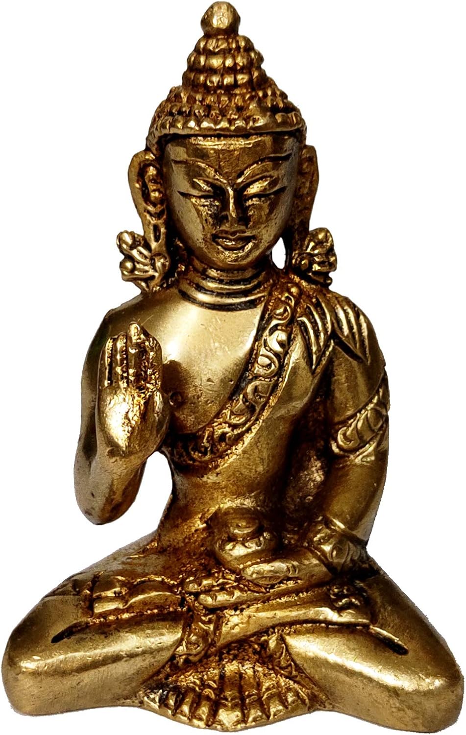 Purpledip Brass Idol Preaching Buddha: Mini Statue with Gemstones in Vitarka Mudra (10642A)