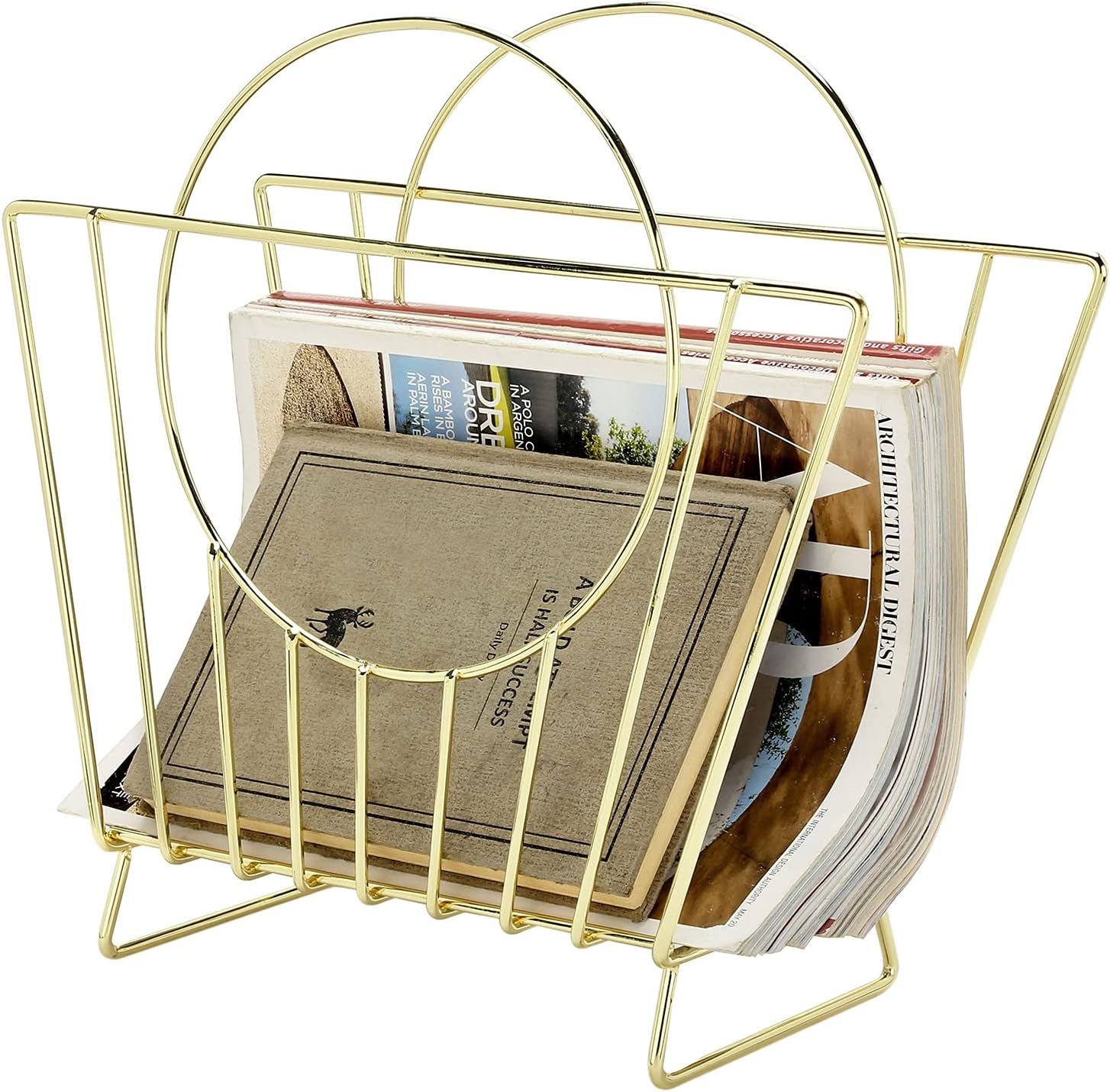MyGift Mid-Century Brass Plated Metal Free Standing Magazine Holder Document File Rack with Decorative Bag Shaped Design