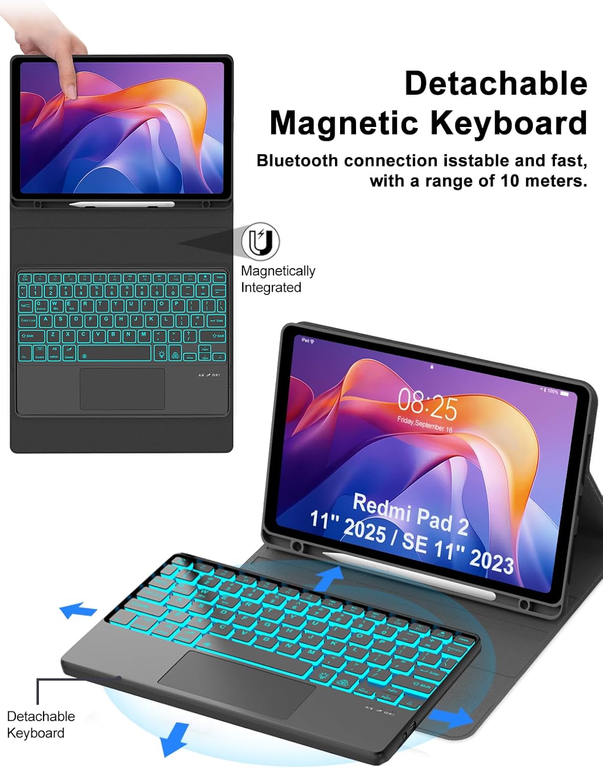 Touch Keyboard Case for Xiaomi Redmi Pad 2 11 Inch 2025 & Redmi Pad SE 11 Inch 2023 Case Keypad with Trackpad, Detachable Wireless Backlit Key Board Cover with Pen Slot for Mi Pad2 11'' Tablet, Black