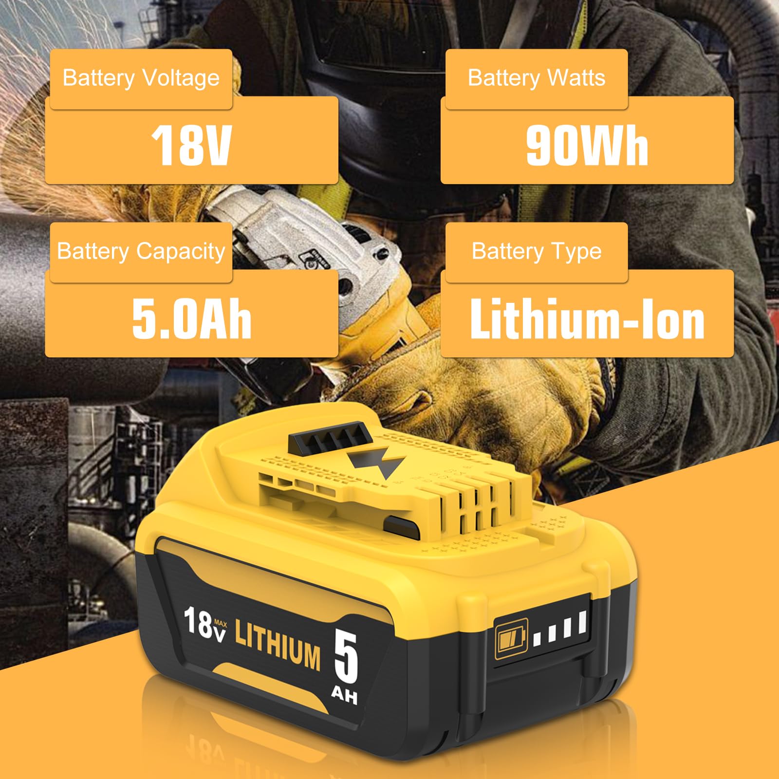 Lot de 2 Pièces DCB184 Remplacement Batterie pour Dewalt 18V 5,0 Ah, Li-ION Compatible pour DCB180 DCB181 DCB182 DCB200 DCB201 DCB204 Outils Électriques avec Indicateur LED