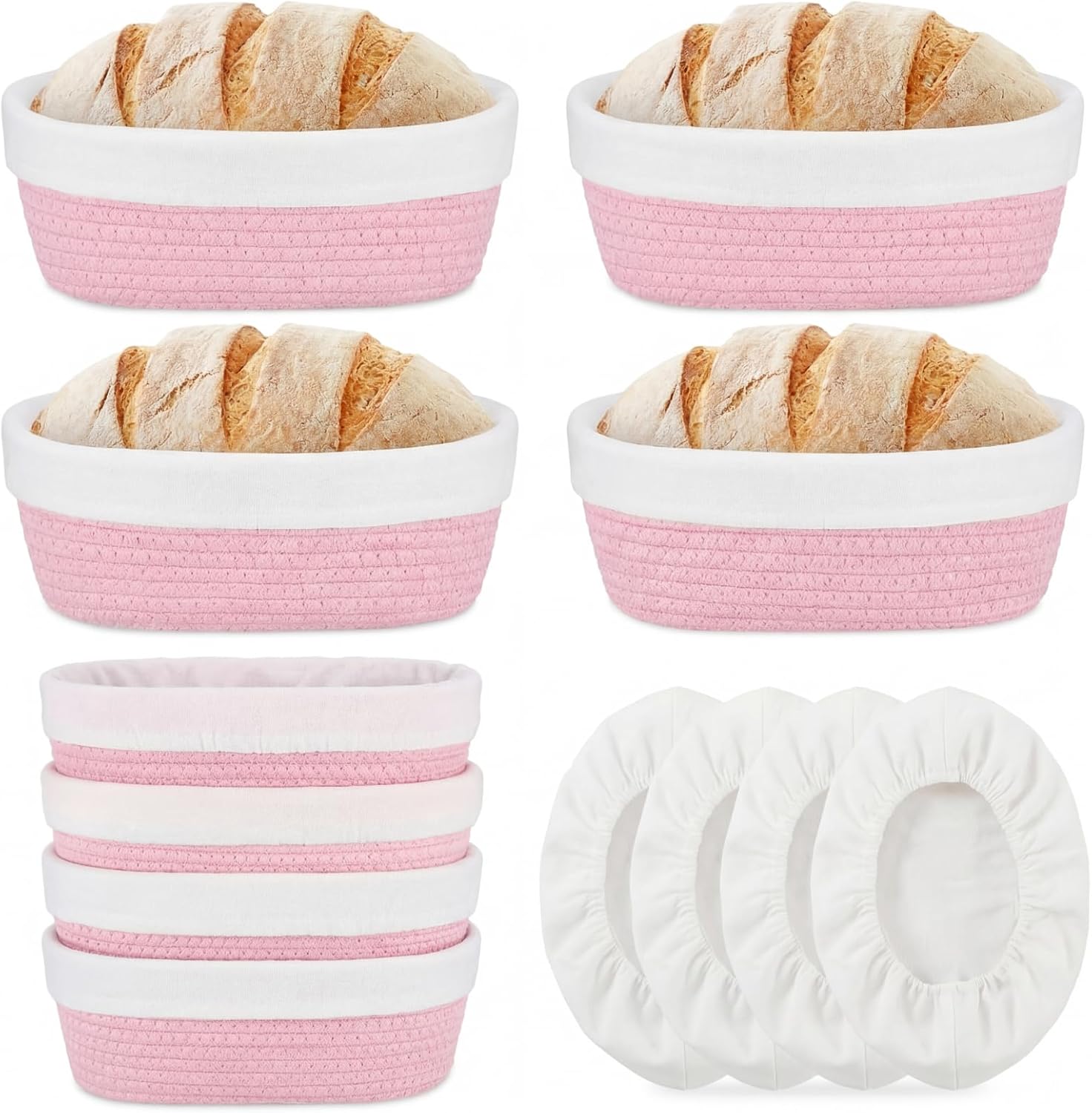 4 Pcs 10 Inch Bread Proofing Basket Set Cotton Rope Oval Banneton Basket Sourdough Bread with Liners Covers for Baking Supplies (Pink)