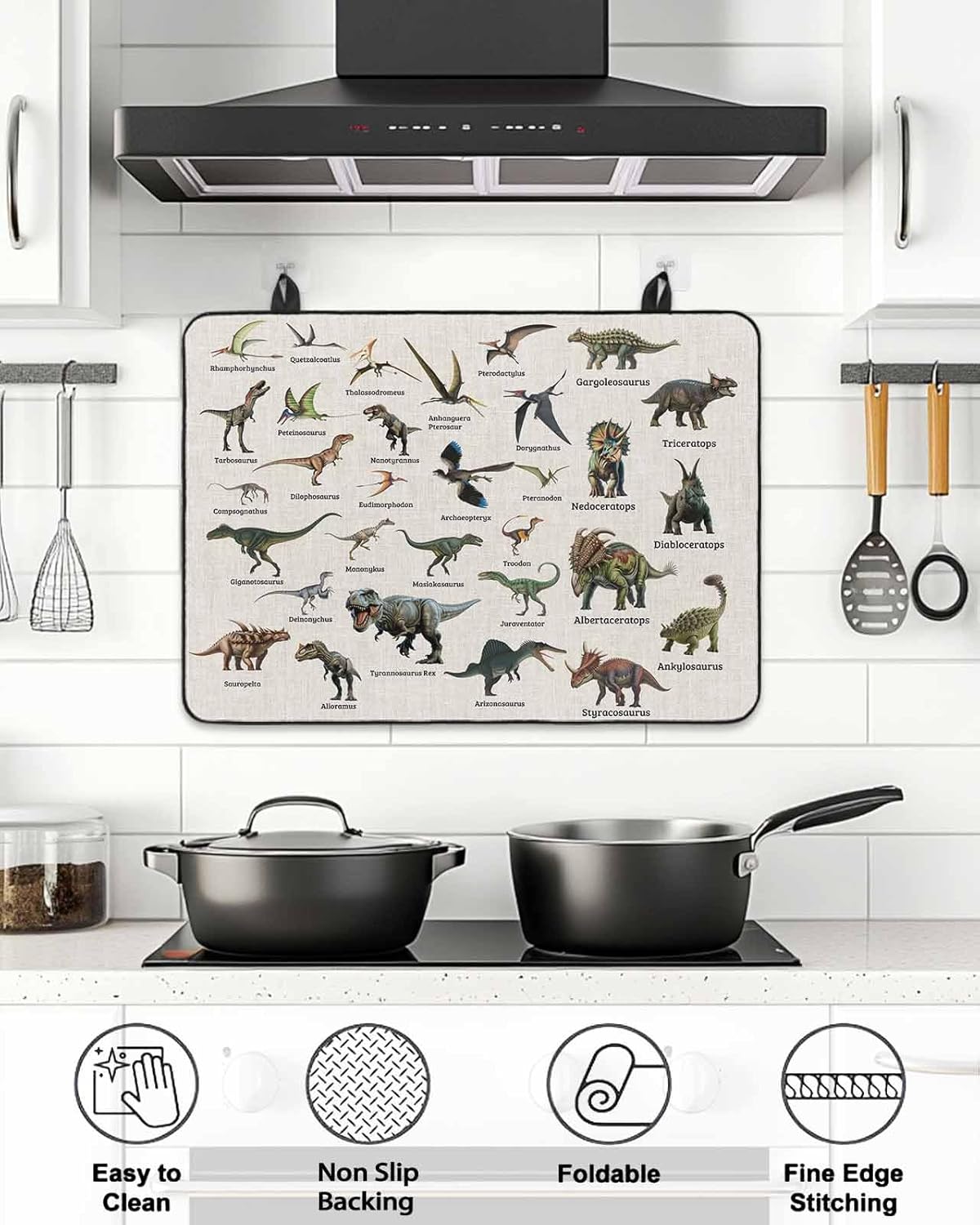 Dinosaurs Stove Cover for Electric Stove,Vintage Major Dinosaur Groups of Jurassic Era Animals Linen Texture Stove Top Cover for Glass Top,Heat Insulation Foldable Cooktop Top Protector,36"x21"