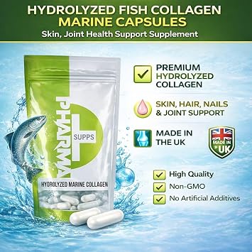 Hydrolyzed Fish Collagen Marine Capsules – Skin, Joint Health Support Supplement – 400mg, 30 Capsules – Pure Fish Collagen for Healthy Skin, Hair, Nails, and Joints – Made in UK
