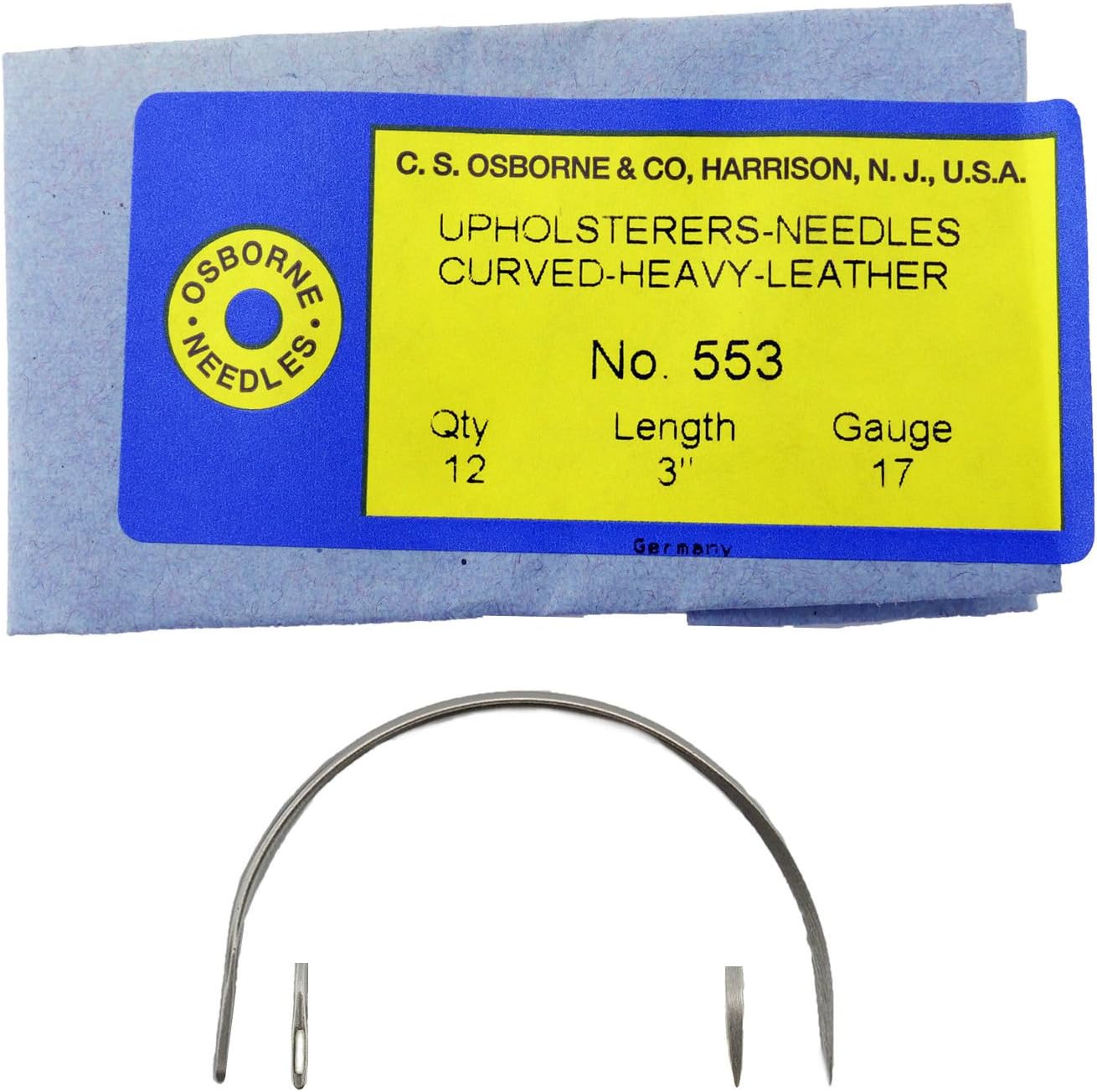 C.S. Osborne Pack of 12 Heavy Curved Leather Point Needles #553, Size 3"