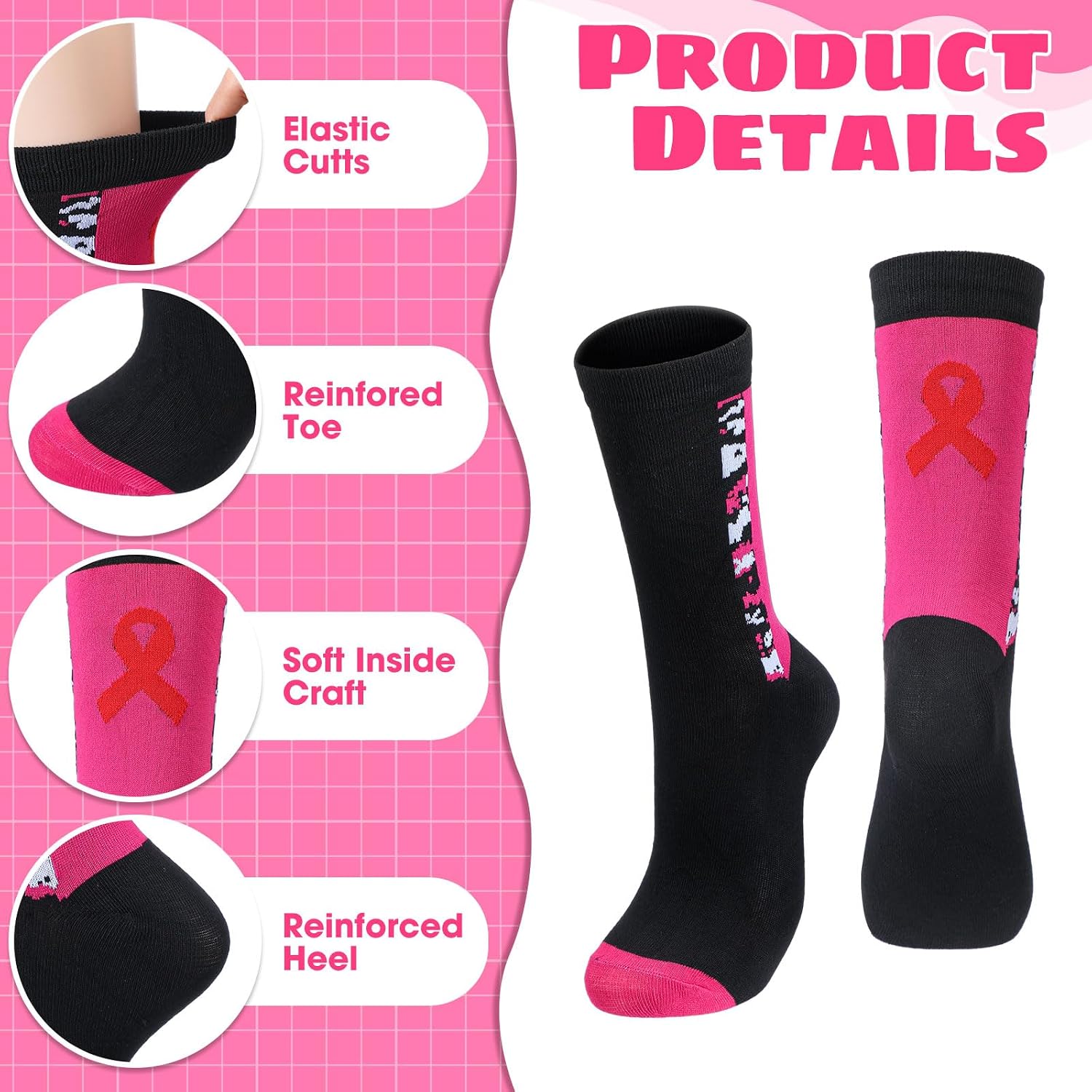 60 Pairs Breast Cancer Awareness Socks Hot Pink Ribbon Crew Socks Bulk Pink out Day Breast Cancer Awareness Support Volleyball Football Team Support Gifts Fundraising Event Items for Youth Women Men