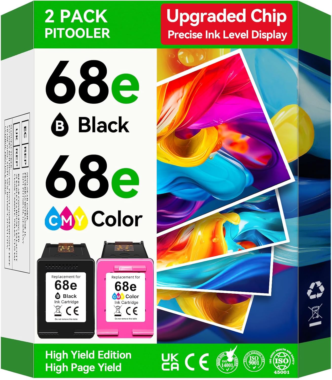 High Yield 68e Ink Cartridge Compatible for HP 68 68e Ink Cartridges Black/Color Combo Pack Compatible for Envy 6155e 6555e 6100e 6500e 6152e Series Printer, Precise Ink Level Display, Upgraded Chip