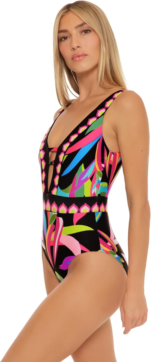 Trina Turk Birds of Paradise - Women's Plunge Neck One Piece Swimsuit, Floral Print, Bathing Suits for Women