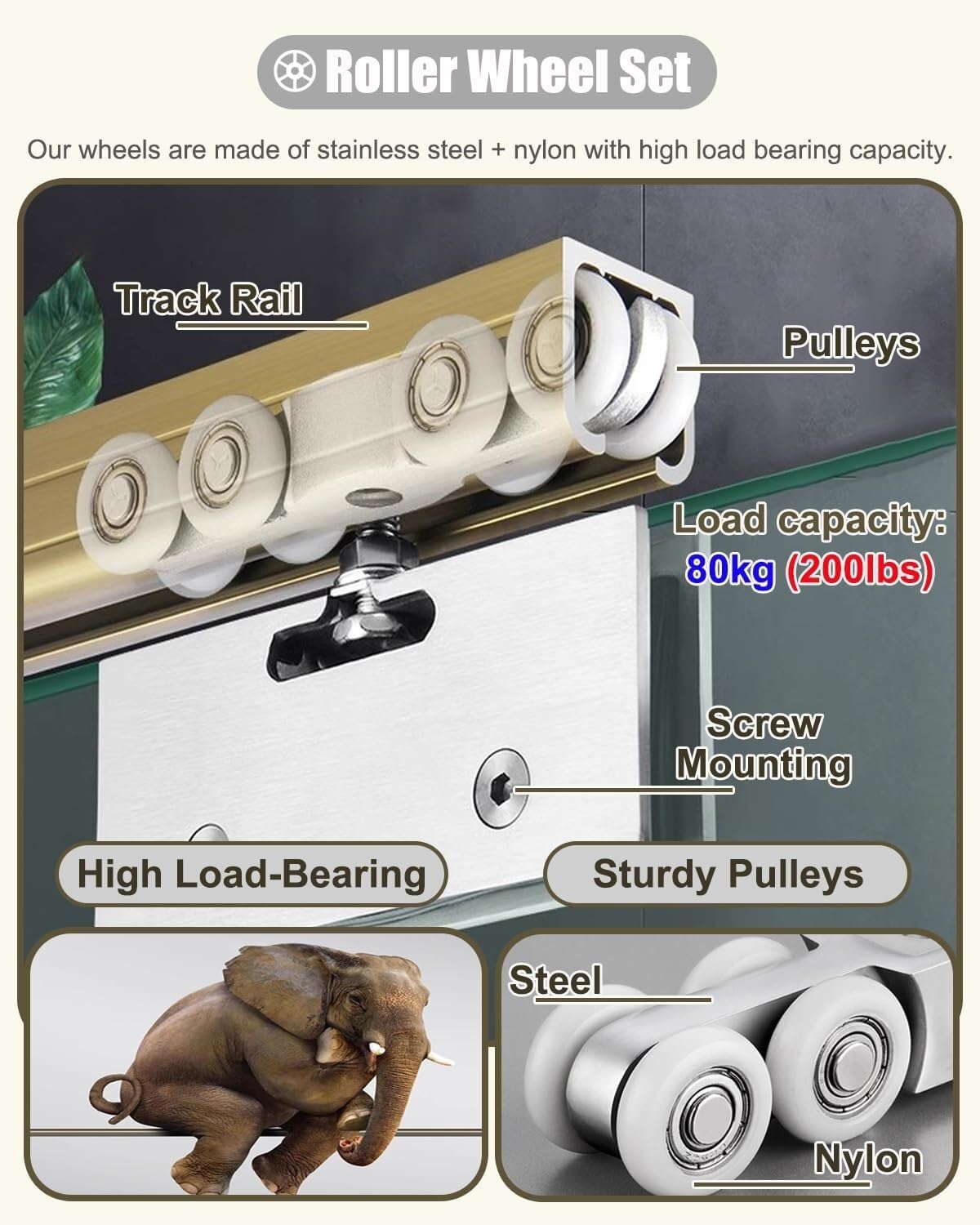 Kit Puerta Corredera, Rodillos Puertas Vidrio Suspendida, Desplazamiento Silencioso, Herrajes Puerta Vidrio Sin Marco, Compatible Múltiples Escenarios | B,28in/71.1cm