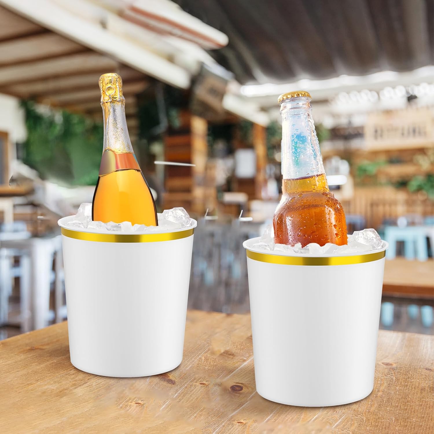 Ice Buckets Bulk, 6 Liter Plastic Round Ice Buckets, Disposable Storage Drink Tub or Party Bar Wine Beer Champagne Beverage Bottle Cooler (White,Gold Rim,12 Pcs)