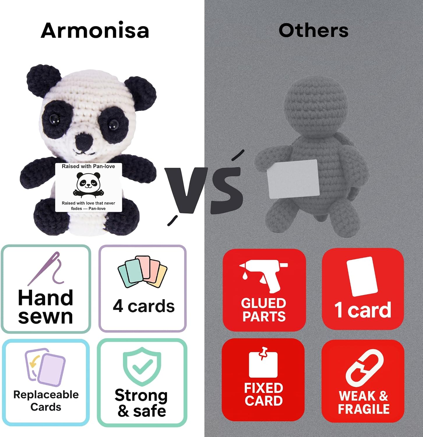 Handmade Mini Positive Crochet Animals Customizable Card Set with Positive Messages Emotional Support Crochet Birthday Gift for Woman Men Her him Motivational Desk Decor (Panda - Mom)