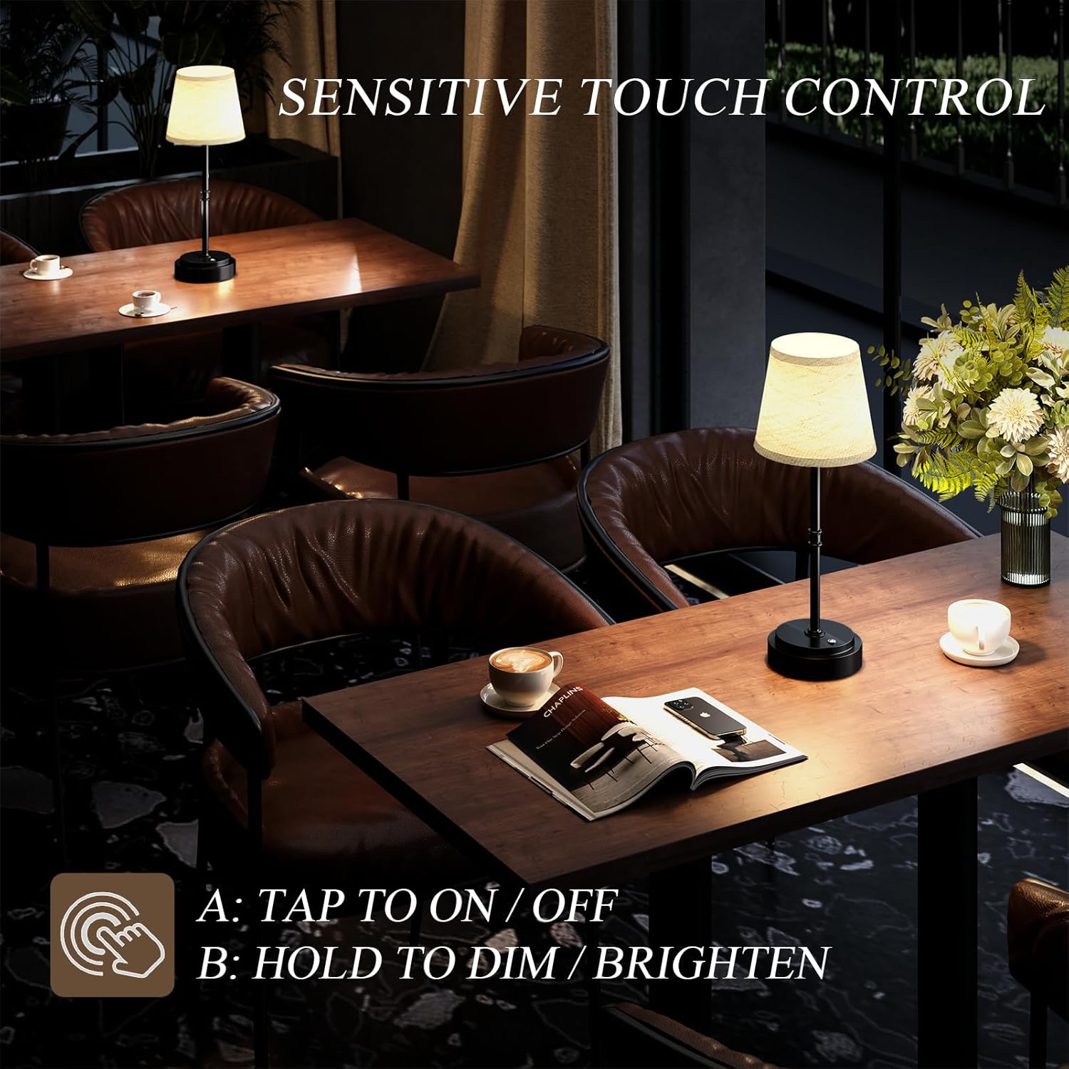 Cordless Table Lamp Rechargeable Black - 1 Pack 7500mAH Battery Operated Lamp for Decor, 3000K Stepless Dimming Touch Control Wireless Lamp for Bedroom, Dining Table, Counter, Living Room